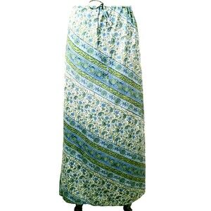 Vtg Maxi Skirt Paisley Diagonal Green Blue 100% Cotton Side Zipper Front Tie M